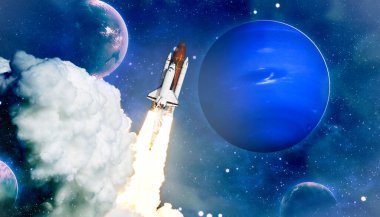 Launched rocket in flight, night starry sky background. Rocket starts into space concept.Elements of this image furnished by NASA