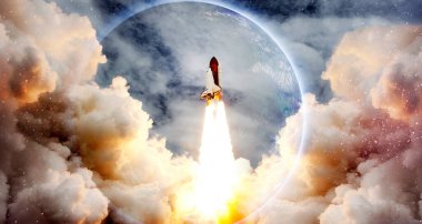 Launched rocket in flight, night starry sky background. Rocket starts into space concept.Elements of this image furnished by NASA