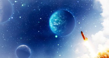 Space shuttle rockets launch into space on the starry sky. spacecraft flies into space with clouds of smoke.  Elements of this image furnished by NASASpace shuttle rockets launch into space on the starry sky. spacecraft flies into space with clouds o