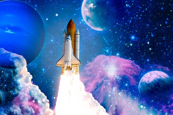 Space shuttle launch , Space with stars on background. Sky and clouds. Spaceship flight. Elements of this image furnished by NASA