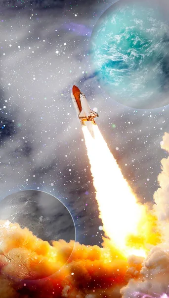 Space shuttle rockets launch into space on the starry sky. spacecraft flies into space with clouds of smoke.  Elements of this image furnished by NASASpace shuttle rockets launch into space on the starry sky. spacecraft flies into space with clouds o