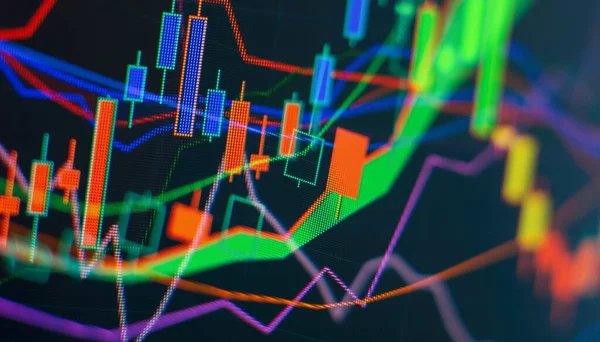市場分析を含むモニター上の財務データ 棒グラフ 財務数値 抽象的な輝く外国為替チャートインターフェイスの壁紙 ロイヤリティフリーのストック画像