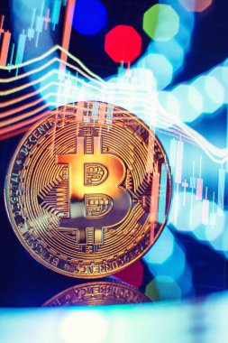 Cryptocurrency concept , Golden bitcoin on mainboard , The future of money. Computational equipment.