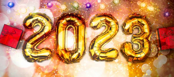 Новым 2023 Годом Воздушные Шары Фольги Цифрой 2023 Надписью Звезды — стоковое фото