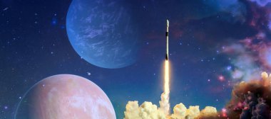 Uzay mekiği uzaya doğru havalanıyor. Arkaplanda yıldızlar olan karanlık uzay. Uzay gemisi uçuşu. Bu görüntünün elementleri NASA tarafından desteklenmektedir