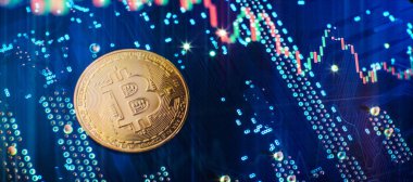 Bitcoin cryptocurrency new version on computer electronic circuit board background . Virtual cryptocurrency money Bitcoin golden