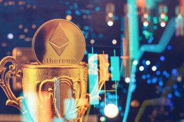 ETH coin with blurred candlestick chart in the background. Ethereum is a decentralized, open-source blockchain with smart contract.