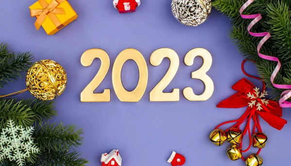 Новим Роком 2023 Символ Номер 2023 Золотими Кульками Зірками Блискітками — стокове фото