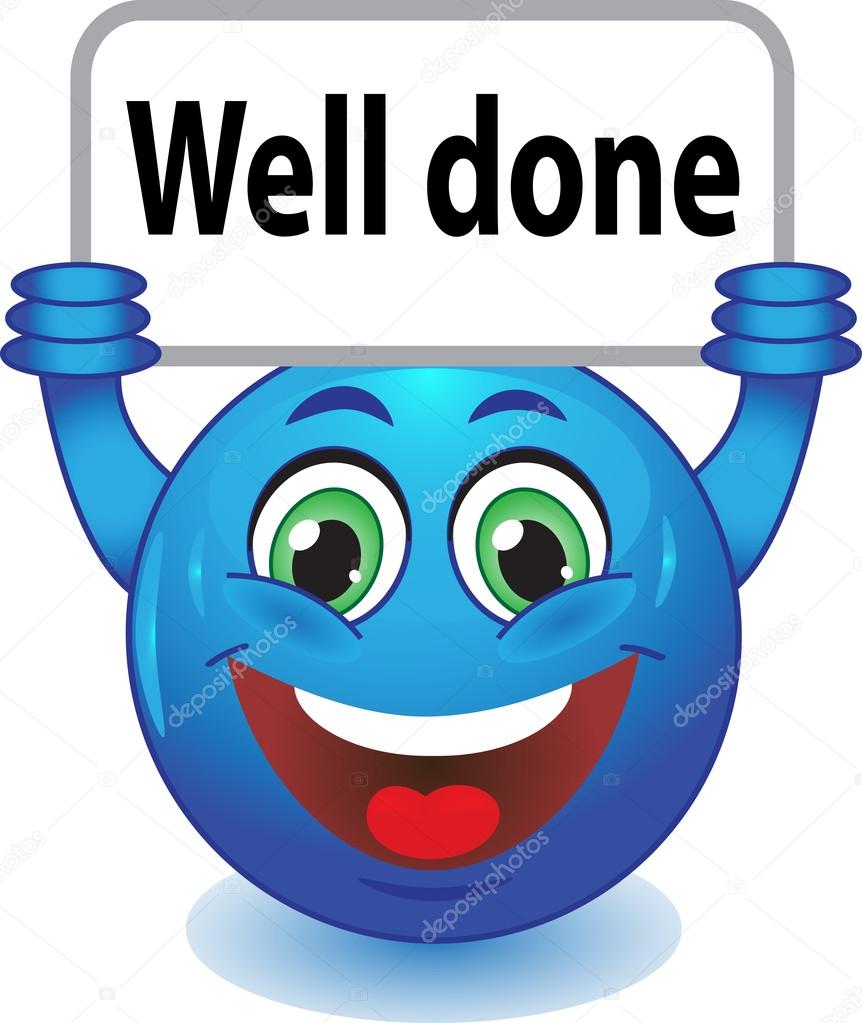Stock Image - blue smiley face with a sign Well done