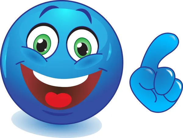 Smiley azul com uma mão apontando o dedo — Vetor de Stock