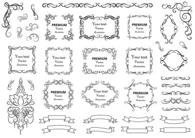 Kaligrafik tasarım elementleri. Dekoratif girdaplar ya da parşömenler, eski çerçeveler, zenginlikler, etiketler ve bölmeler. Retro vektör illüstrasyonu