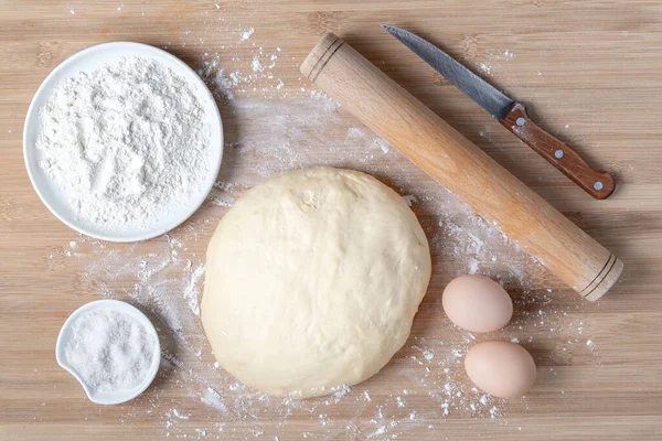 Top View Dough Baking Ingredients Wooden Table — Stock Photo, Image