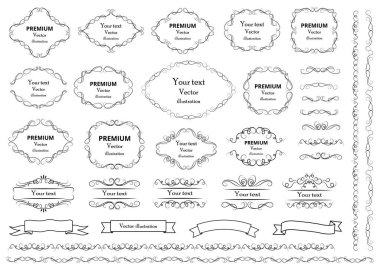Kaligrafik tasarım elementleri. Dekoratif girdaplar ya da parşömenler, eski çerçeveler, zenginlikler, etiketler ve bölmeler. Retro vektör illüstrasyonu