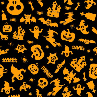 Seamless vector pattern for Halloween design. Halloween symbols: ghost, bat, pumpkin in cartoon style. Vector Illustration.	