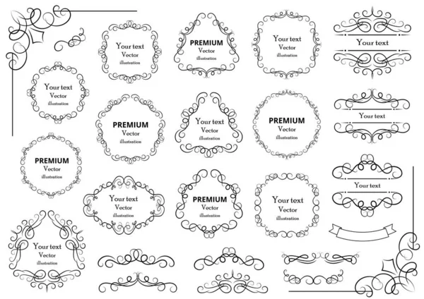 Kaligrafik tasarım elementleri. Dekoratif girdaplar ya da parşömenler, eski çerçeveler, zenginlikler, etiketler ve bölmeler. Retro vektör illüstrasyonu