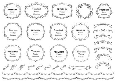 Kaligrafik tasarım elementleri. Dekoratif girdaplar ya da parşömenler, eski çerçeveler, zenginlikler, etiketler ve bölmeler. Retro vektör illüstrasyonu
