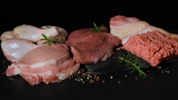 Diferentes tipos de carne crua . — Vídeo de Stock