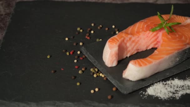 Delicious Fresh Salmon Salt Spices Black Table Concept Healthy Seafood — ストック動画