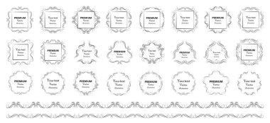 Kaligrafik tasarım elementleri. Dekoratif girdaplar ya da parşömenler, eski çerçeveler, zenginlikler, etiketler ve bölmeler. Retro vektör illüstrasyonu