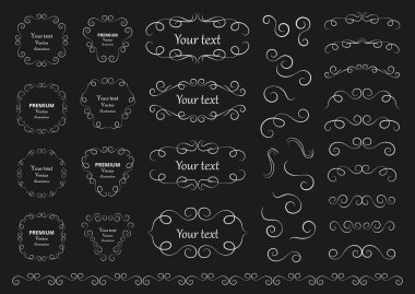 Kaligrafik tasarım elementleri. Dekoratif girdaplar ya da parşömenler, eski çerçeveler, zenginlikler, etiketler ve bölmeler. Retro vektör illüstrasyonu