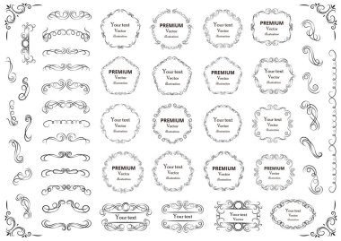 Kaligrafik tasarım elementleri. Dekoratif girdaplar ya da parşömenler, eski çerçeveler, zenginlikler, etiketler ve bölmeler. Retro vektör illüstrasyonu