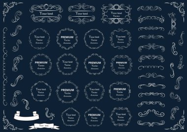 Kaligrafik tasarım elementleri. Dekoratif girdaplar ya da parşömenler, eski çerçeveler, zenginlikler, etiketler ve bölmeler. Retro vektör illüstrasyonu