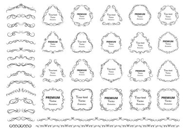 Kaligrafik tasarım elementleri. Dekoratif girdaplar ya da parşömenler, eski çerçeveler, zenginlikler, etiketler ve bölmeler. Retro vektör illüstrasyonu