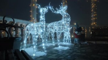 Gece şehrinin aydınlık caddesinde Noel süsleri