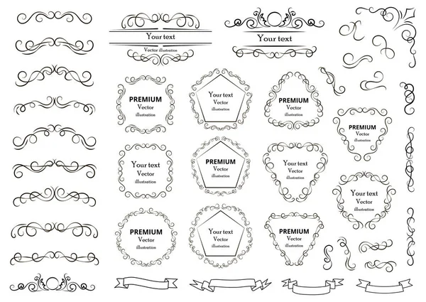 Kalligrafische Designelemente Dekorative Strudel Oder Schriftrollen Vintage Rahmen Blüten Etiketten — Stockvektor