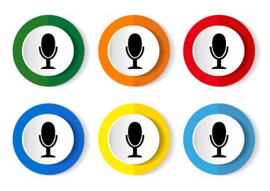 Web tasarımı ve mobil uygulamalar için 6 seçenekte mikrofon simgesi seti, renkli düz tasarım vektör çizimleri