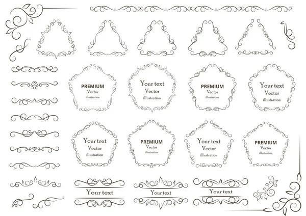 Kaligrafik tasarım elementleri. Dekoratif girdaplar ya da parşömenler, eski çerçeveler, zenginlikler, etiketler ve bölmeler. Retro vektör illüstrasyonu