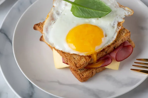 Sanduíche com ovo frito, bacon, queijo e espinafre — Fotografia de Stock