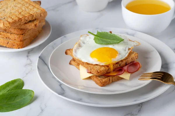 Yumurtalı sandviç, pastırma, peynir ve ıspanak. — Stok fotoğraf