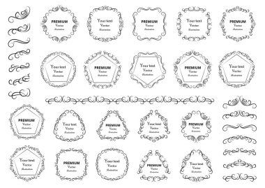 Kaligrafik tasarım elementleri. Dekoratif girdaplar ya da parşömenler, eski çerçeveler, zenginlikler, etiketler ve bölmeler. Retro vektör illüstrasyonu