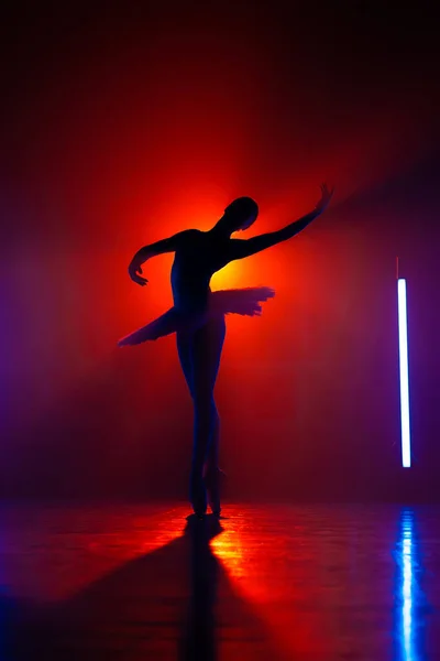 Silhuett av teater dansare i tutu på orange spotlight bakgrund. Kvinnlig ballerina dansar klassiska danselement. Lätthet, kvinnlighet och professionalism i rörelser — Stockfoto