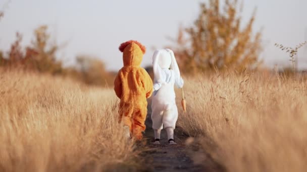 Słodkie dzieci - chłopcy spacerujący razem po przyrodzie pomiędzy żółtą jesienną trawą. Dzieci w puszystym lwie i kostiumie króliczka. Halloween, cukierek albo psikus. Rodzina, przyjaciele, zabawa, koncepcja braci. — Wideo stockowe