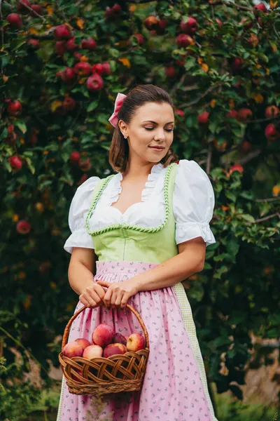 Gyönyörű nő felvette érett piros alma gyümölcsöt a zöld kertben. Lány aranyos hosszú paraszti ruhában. Organikus falusi életmód, mezőgazdaság, kertészkedés — Stock Fotó