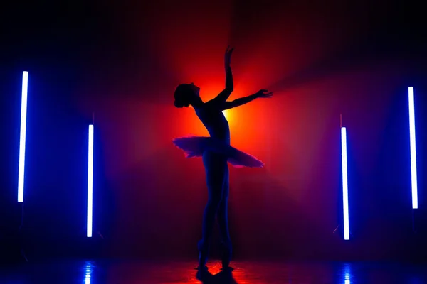 A silhueta da bailarina está praticando elementos no estúdio com luz colorida de néon. Mulher jovem dançando em vestido clássico tutu. Graça e ternura em cada movimento. — Fotografia de Stock