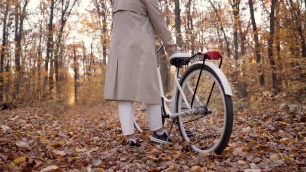 Jonge vrouw in klassieke trench jas met retro fiets in geel herfstpark. Geweldige scène van trendy meisje op de achtergrond van de natuur. Milieuvriendelijke vervoerswijze — Stockvideo