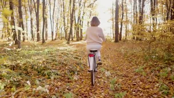 黄金の秋の公園でレトロスタイルの白い自転車に乗って若いかなりの女性。自然の背景に女性の素晴らしいシーン。健康的なライフスタイル、サイクリング、幸福と気楽なコンセプト. — ストック動画