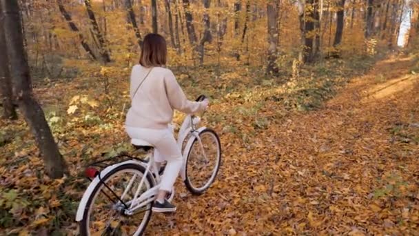 黄金の秋の公園でレトロスタイルの白い自転車に乗って若いかなりの女性。自然の背景に女性の素晴らしいシーン。健康的なライフスタイル、サイクリング、幸福と気楽なコンセプト. — ストック動画