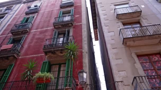 Stadsgezicht van oude appartementengebouwen met balkons in het oude deel van Barcelona - Gotische wijk, Born wijk. Steadicam schoot een wandelend persoon neer. Populaire reisbestemming. — Stockvideo