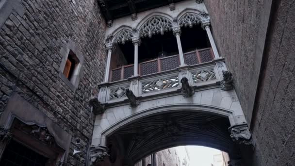 Antiguo edificio - Callejón del Puente del Bisbe Bishop Bridge en el casco antiguo de Barcelona - Barrio Gótico. Destino de viaje popular. Steadicam tiro de persona que camina. — Vídeo de stock