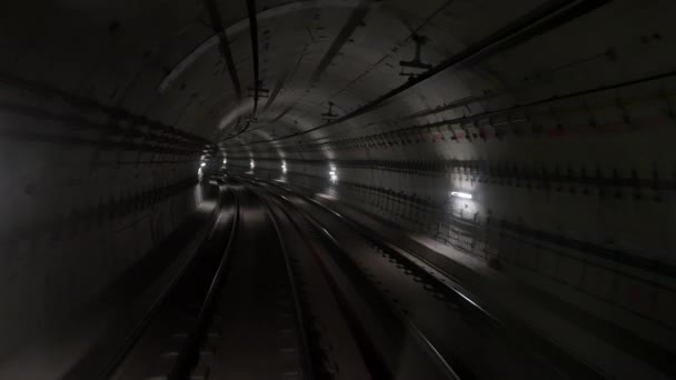 Вид на заднюю кабину поезда метро без водителя, проходящего через подземный туннель. Автоматизированная современная транспортная система, метро в Мадриде, Испания — стоковое видео