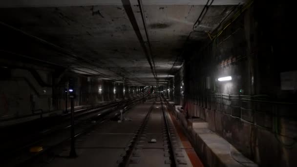 Z przodu kabiny widok na pociąg metra bez kierowcy poruszający się przez podziemny tunel. Zautomatyzowany zaawansowany system transportu, metro w Pekinie, Chiny — Wideo stockowe
