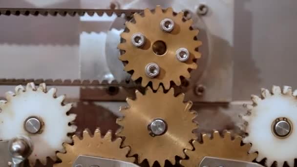 Detailní záběr mosazných ozubených kol rotujících uvnitř složitého mechanizmu motoru. Mechanika, týmová práce, Steampunk koncept. — Stock video
