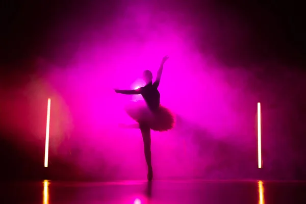 Silhueta de bailarina está praticando elementos em estúdio com luz rosa néon. Mulher jovem dançando em vestido clássico tutu. Graça e ternura em cada movimento. — Fotografia de Stock
