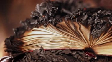 Açık kitap yanıyor, sayfalar alevler içinde. Sansür kavramı, özgürlük bilgisi yasağı, 451 fahrenhayt, kağıt formatında eski edebiyat artık talep görmüyor.