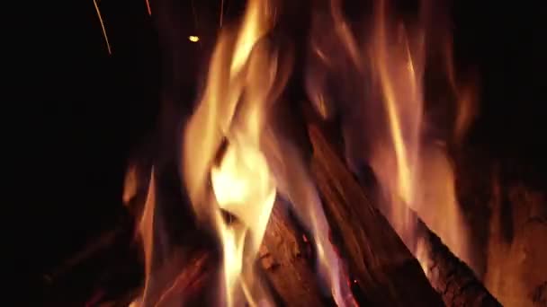 Encantadora chimenea en casa acogedora. Un montón de chispas y llamas lenguas de la quema de troncos. Calmando hermosas imágenes. Hoguera, fondo de energía de fuego. — Vídeo de stock