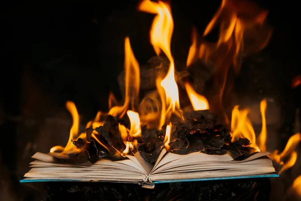 Open book is on fire, pages are engulfed in flames. Concept of censorship, prohibition of freedom information, 451 fahrenheit, old literature in paper format is no longer in demand. — Stock Photo, Image